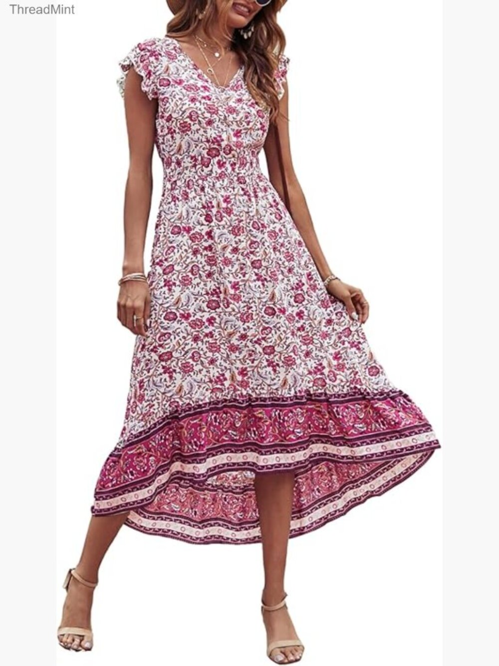 Boho Floral V-Neck Maxi Dress with Cap Sleeves